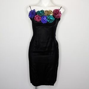 Vintage Gunne Sax 80s black velvet metallic rosette spaghetti strap dress 5